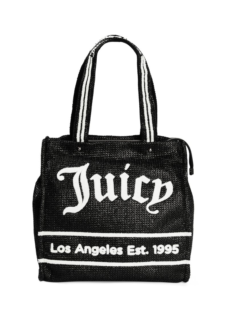 Svart vävd tote-väska med en vit "Juicy"-logotyp. Har randiga handtag och en dragkedjeslutning. Inklusive detalj av "Los Angeles Est. 1995".