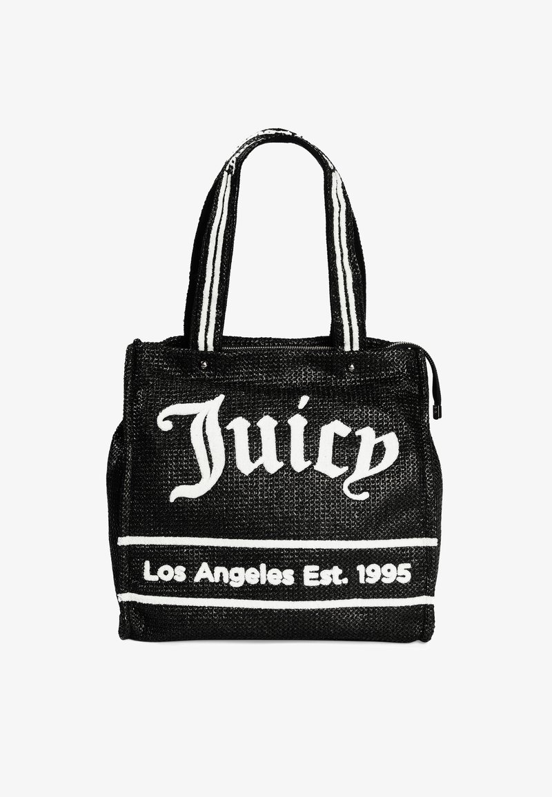 Svart vävd tote-väska med en vit "Juicy"-logotyp. Har randiga handtag och en dragkedjeslutning. Inklusive detalj av "Los Angeles Est. 1995".