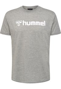 Grijze T-shirt met korte mouwen van katoen, met een wit "hummel" logo over de borst, een ronde halslijn en een normale pasvorm.