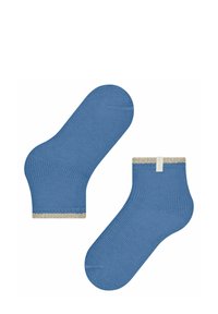 Skarpetki kostkowe z mieszanki bawełny w jasnoniebieskim kolorze, o prążkowanej strukturze i kremowym falbanu, z małą białą metką na jednej ze skarpet.