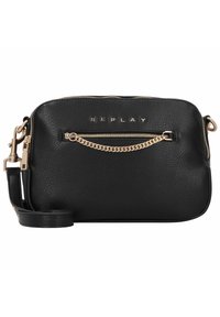 Borsa a tracolla in pelle nera con texture a pietra, caratterizzata da un accento in catena dorata sulla cerniera frontale e logo "REPLAY" in rilievo.