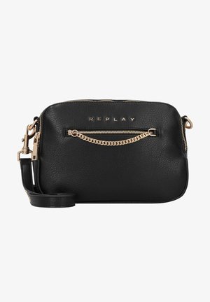 Borsa a tracolla in pelle nera con texture a pietra, caratterizzata da un accento in catena dorata sulla cerniera frontale e logo "REPLAY" in rilievo.