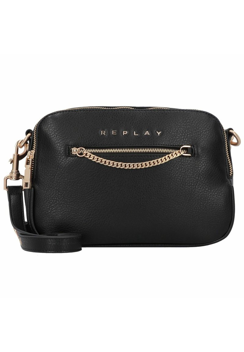 Borsa a tracolla in pelle nera con texture a pietra, caratterizzata da un accento in catena dorata sulla cerniera frontale e logo "REPLAY" in rilievo.