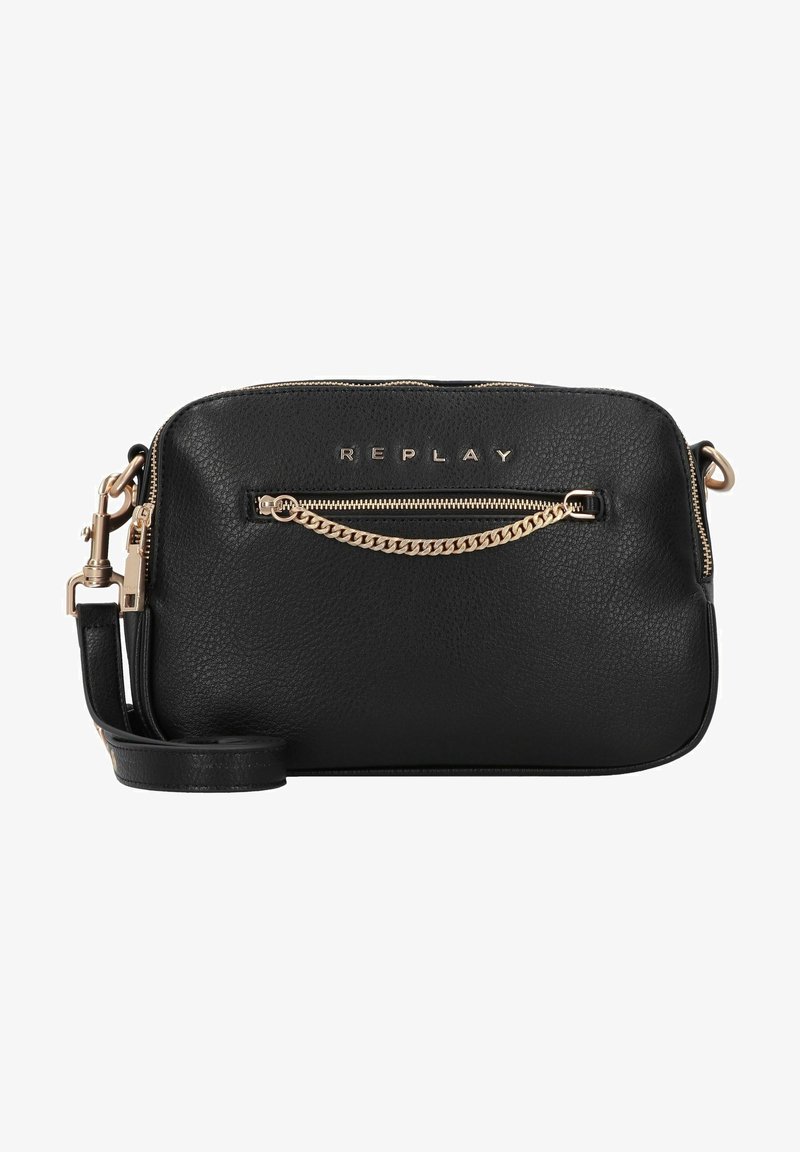 Borsa a tracolla in pelle nera con texture a pietra, caratterizzata da un accento in catena dorata sulla cerniera frontale e logo "REPLAY" in rilievo.