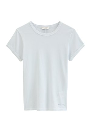 T-shirt gris clair uni à manches courtes avec encolure ronde et petit logo Marc O'Polo en bas à l'avant.