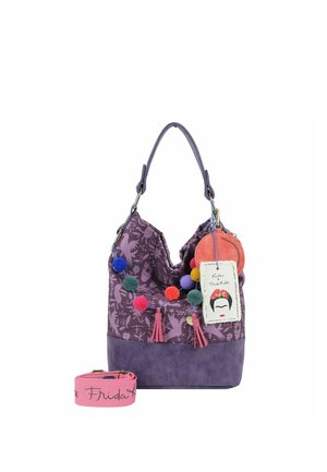Borsa viola con motivo floreale, catena colorata con pompon, nappine rosa, portamonete rotondo corallo e tracolla rosa staccabile con la scritta "Frida".