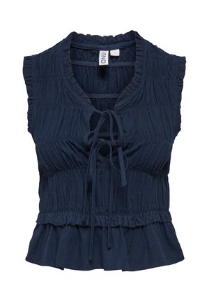 Donkerblauwe mouwloze blouse met gerufflede randen, geplooide stoftextuur, vooraan striksluitingen en een peplumzoom, maat small.