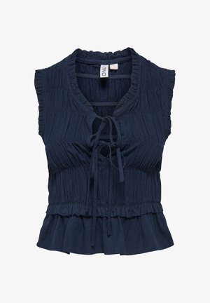 Donkerblauwe mouwloze blouse met gerufflede randen, geplooide stoftextuur, vooraan striksluitingen en een peplumzoom, maat small.