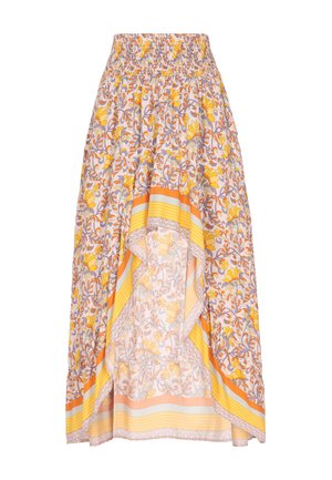 Lillelillelõhnadega seelik elastse vöökoha ja kollase ning lavendlivärvi varjunditega, millel on oranži ja triibulise ääreDetailid.