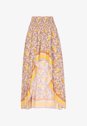 Lillelillelõhnadega seelik elastse vöökoha ja kollase ning lavendlivärvi varjunditega, millel on oranži ja triibulise ääreDetailid.