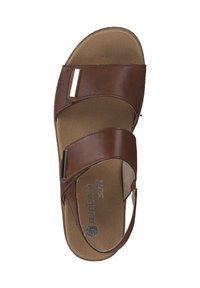 Brown leather sandal with two crossed straps, a metallic accent, and a cushioned insole. Flat sole for comfort.