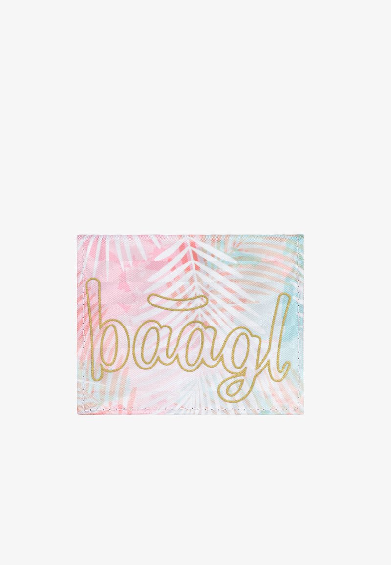 Walcowy portfel na karty wykonany z tkaniny, z pastelową paletą kolorów w różowe i niebieskie wzory liści oraz napisem "baagL" w złotym kolorze.
