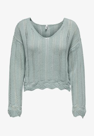 Svetle zelený zkrácený svetr vyrobený z pletené látky s výstřihem do V, dlouhými rukávy a vlnitým lemem. Obsahuje otvorový vzor po celém povrchu.