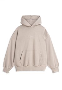 Beżowa bluza z kapturem, wykonana z miękkiego materiału, z kieszenią z przodu, ściągaczami przy mankietach i małym haftowanym logo umieszczonym na środku klatki piersiowej.