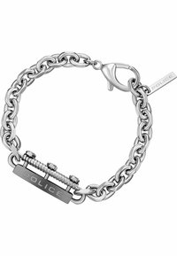Bracciale in metallo silver con anelli a catena interconnessi, caratterizzato da una placca nera con marchio prominente e tre accenti silver, dotato di chiusura.