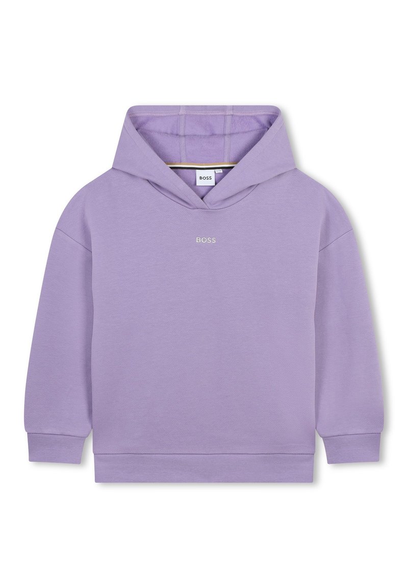 Hoodie violet avec une poche kangourou, des manches longues et une capuche à cordon. Logo brodé au centre. Texture de tissu lisse.