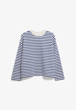 Gestreepte longsleeve shirt in wit en marineblauw. Heeft een ronde halslijn en een ontspannen pasvorm. Gemaakt van zachte stof met een gladde textuur.