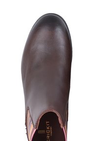 Brązowy skórzany półbut z okrągłym noskiem, charakteryzujący się gładką teksturą i kolorowym paskiem bocznym w paski. Zawiera ozdobne przeszycia.