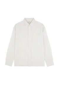 Cămașă cu dungi, albă și în culori pastelate, cu mâneci lungi, guler, buzunar frontal și textură de țesătură moale.