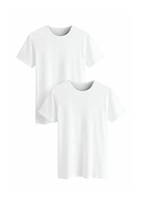 Divi balti īsroku T-krekli no mīkstas kokvilnas. Klassiska apaļa kakla dizains ar gludu tekstūru bez redzamiem rakstiem vai akcentiem.