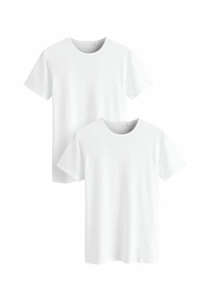 To hvide t-shirts med korte ærmer lavet af blød bomuld. Klassisk rund halsudskæring med en glat tekstur uden synlige mønstre eller detaljer.