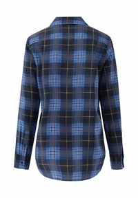Langärmliges Hemd mit einem blauen und schwarzen Karo-Muster, Kragen, Knopfmanschetten und einem abgerundeten Saum. Hergestellt aus einem glatten gewebten Stoff.