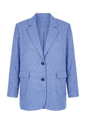 Lyseblå blazer med lodrette sølvstriber, tilfældigt placerede palietter, to knapper, hakkede revers og lommer med klap.