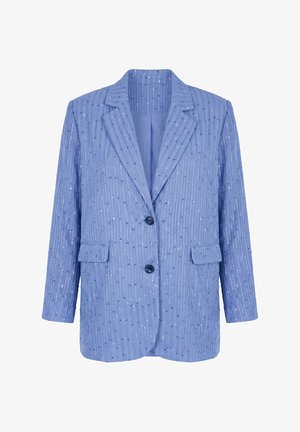 Světlomodré sako s vertikálními stříbrnými pruhy, roztroušenými flitry, dvěma knoflíky, klopami s výřezem a kapsami s klopou.