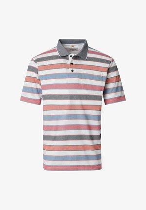 Herren-Polohemd mit kurzen Ärmeln und horizontalen Streifen in Weiß, Pink, Blau und Grau, mit grauem Kragen und einer Brusttasche.