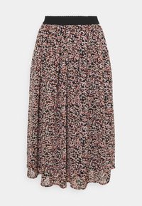 Jupe midi florale avec un fond noir, ornée de motifs de fleurs roses et blanches, au design plissé et à taille élastique noire.