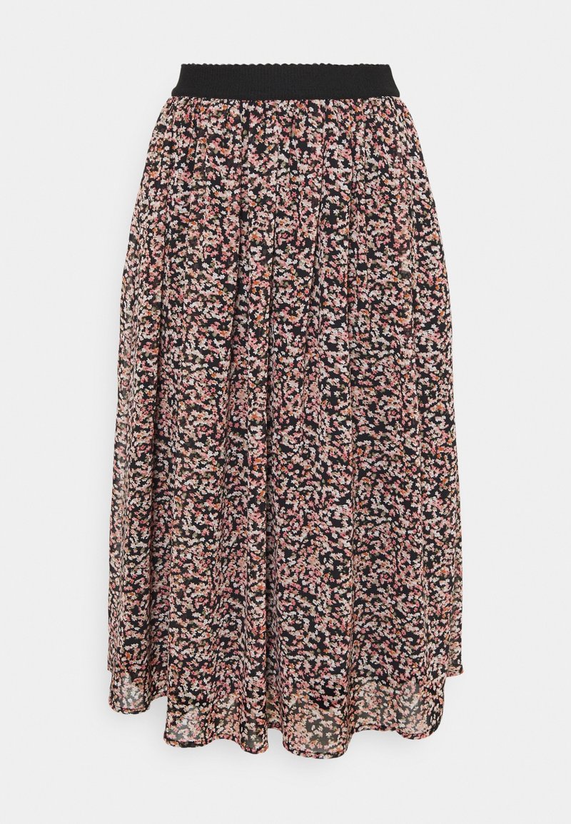 Jupe midi florale avec un fond noir, ornée de motifs de fleurs roses et blanches, au design plissé et à taille élastique noire.