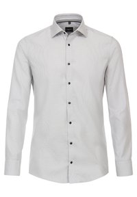 Lange mouwen, lichtgrijze shirt met een subtiel gestreept patroon, voorzien van zwarte knopen en een klassieke kraag. Glad katoenmix stof.