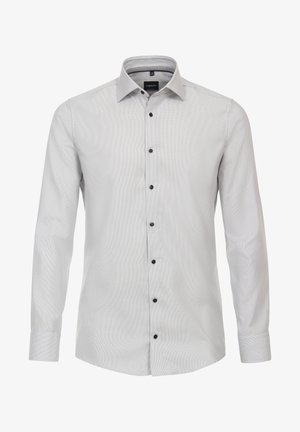 Lange mouwen, lichtgrijze shirt met een subtiel gestreept patroon, voorzien van zwarte knopen en een klassieke kraag. Glad katoenmix stof.