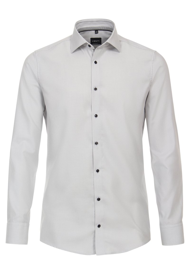 Lange mouwen, lichtgrijze shirt met een subtiel gestreept patroon, voorzien van zwarte knopen en een klassieke kraag. Glad katoenmix stof.