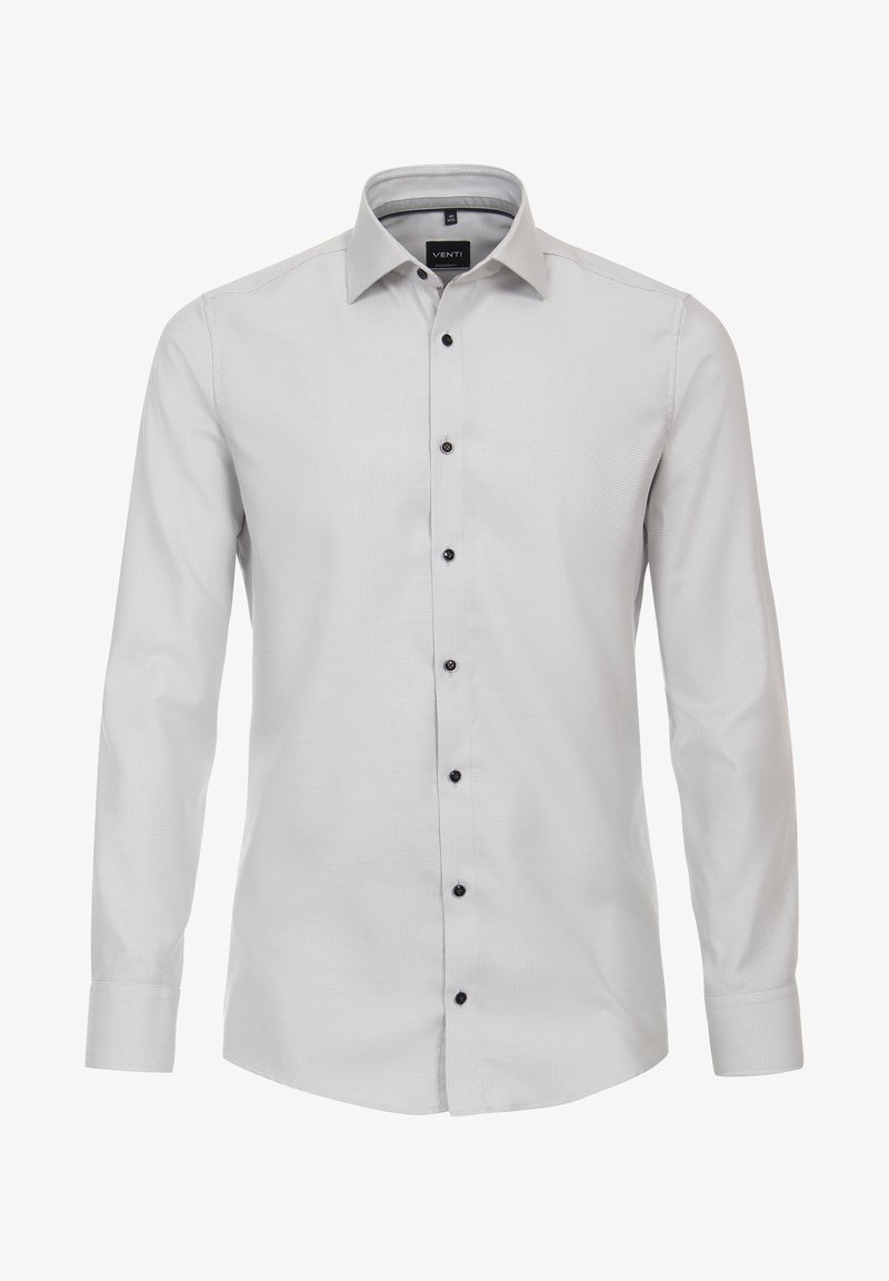 Lange mouwen, lichtgrijze shirt met een subtiel gestreept patroon, voorzien van zwarte knopen en een klassieke kraag. Glad katoenmix stof.