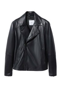Veste de motard en cuir noir avec larges revers, fermeture éclair asymétrique à l’avant et deux poches latérales zippées, présentée sur fond blanc.