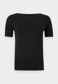 Maglietta nera a maniche corte con scollatura rotonda. Realizzata in tessuto liscio e stretch, presenta un design pulito e minimalista senza fantasie.