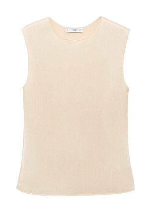 Beige bezrukávový top vyrobený z žebrované tkaniny. Má kulatý výstřih a rovný střih, bez viditelných vzorů nebo kovových detailů.