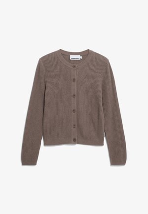 Bruine geribbelde cardigan met lange mouwen, ronde halslijn en zes knopen aan de voorkant. Zachte textuur met een getailleerd ontwerp.