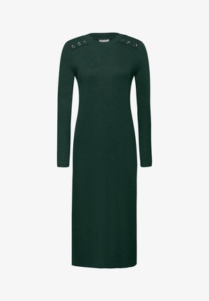Langärmliges, dunkelgrünes Kleid aus Strickmaterial. Verfügt über Schulterakzente mit metallischen Ösen. Gerader Schnitt, Rundhalsausschnitt.