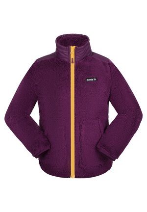 Veste polaire violette à fermeture éclair complète avec fermeture jaune, col haut, manches longues et logo Kamik sur la poitrine, conçue pour la chaleur et le confort.