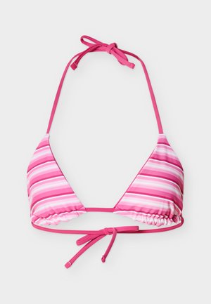 Top de bikini triunghiular cu dungi roz, cu guler halter reglabil și legături la spate, pe un fundal deschis.