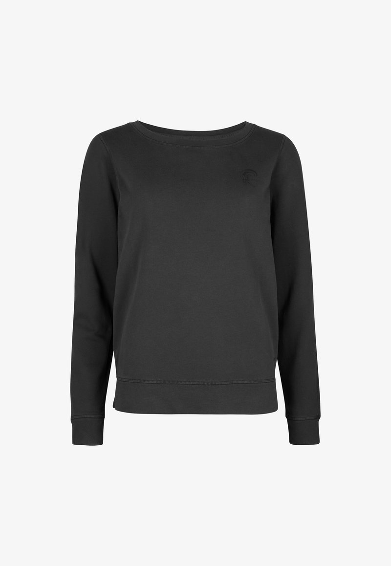 Sudadera negra de manga larga hecha de tela suave, con un cuello redondo y un sutil detalle de logo en el pecho. Puños y dobladillo acanalados.