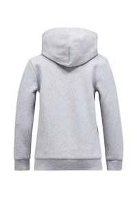 Grau-hoodie mit langen Ärmeln, strukturiertem Fleece-Material, gerippten Bündchen und Saum, einfarbig, ohne deutliche Muster oder Akzente.