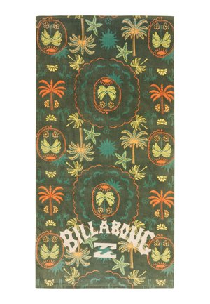 Serviette de plage verte avec des palmiers orange et jaunes, une étoile de mer, et le logo "Billabong" en blanc centré près du bas.