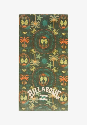 Groene strandhanddoek met oranje en gele palmbomen, zeesterren en het "Billabong"-logo in het wit, gecentreerd nabij de onderkant.
