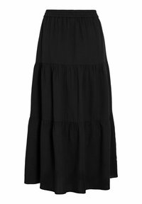 Juodas sluoksniuotas maksi sijonas, pagamintas iš lengvos audinio. Turi elastingą juosmenį ir laisvą siluetą su volanų detalėmis siūlėse.