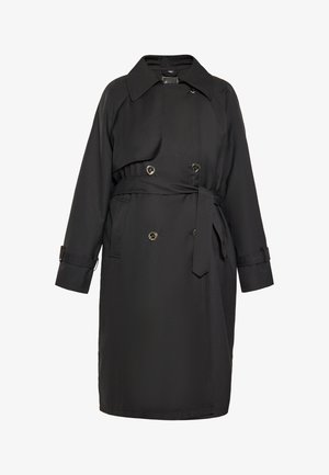 Palton negru dintr-un material neted, cu talie ajustabilă cu bretele, față cu dublă deschidere și nasturi rotunzi, și un guler clasic.