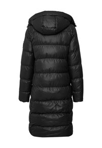 Schwarzer Steppmantel mit Kapuze. Verfügt über gestepptes Design und eine lange Schnittführung. Glatte Textur mit glänzendem Finish. Keine sichtbaren metallischen Teile.