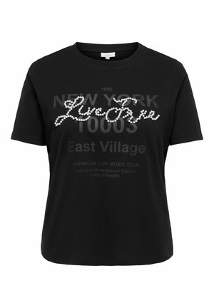 Zwart T-shirt met korte mouwen, bedrukt met de tekst "New York 10003 East Village" en "luxury" in witte, parelachtige kralen over de voorkant.